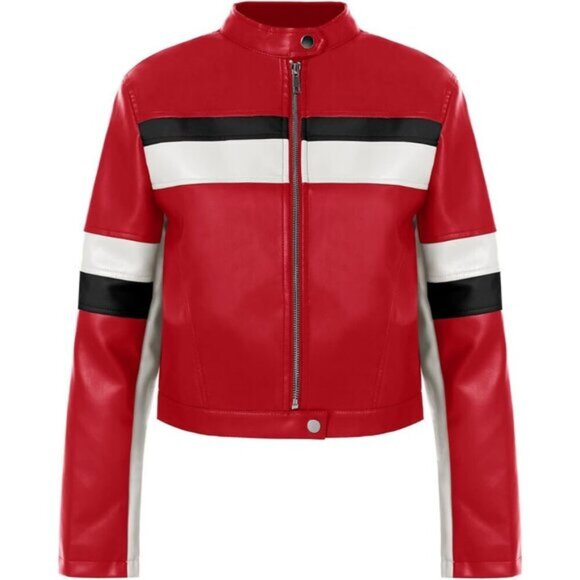 ⭐ Tankaneo Women's Cropped Faux Leather Moto Jacket Color Block Racing Coat - Picture 5 of 5